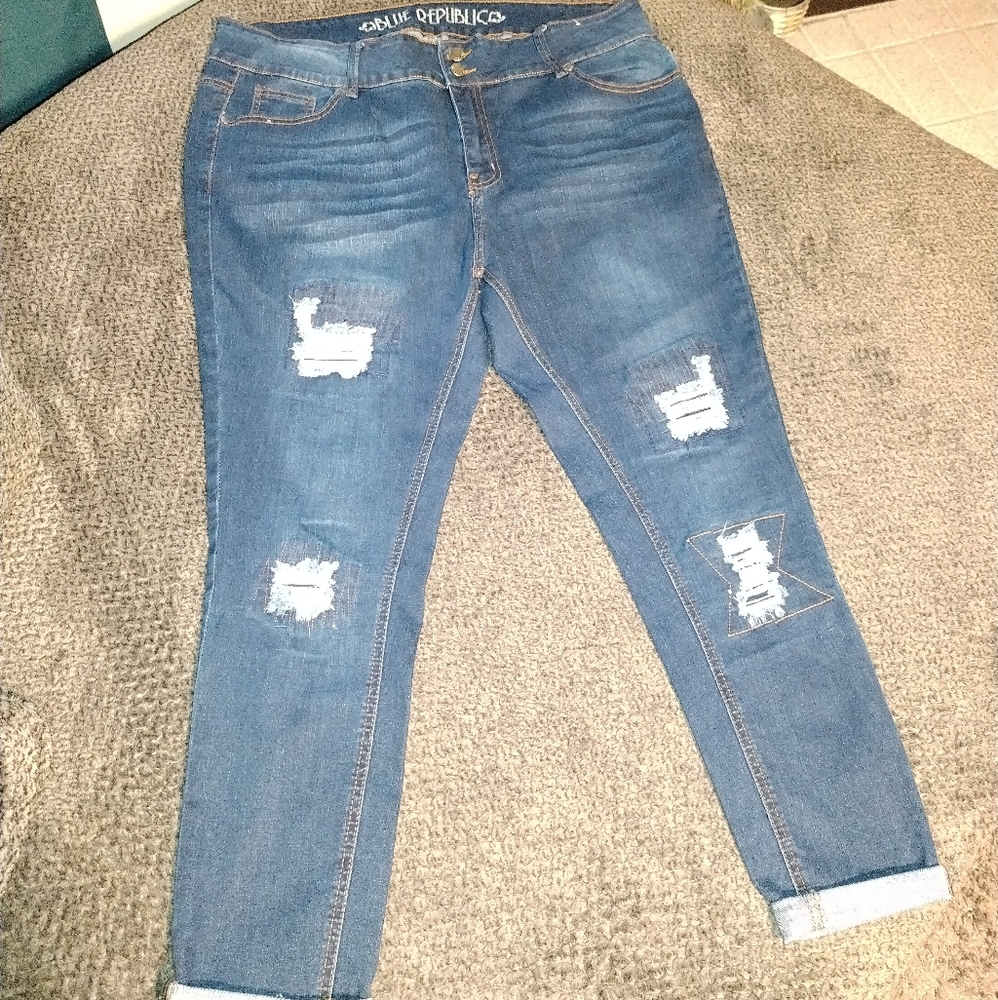 Blue Republic Ripped/Stitched effect Dark Blue Jeans Size 22 with Cuffed Ankle
